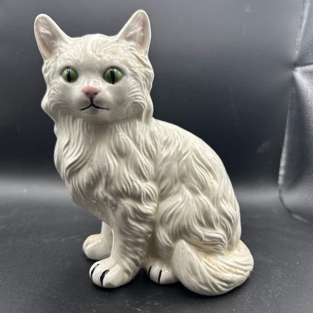 Vintage White Long Hair Green Eye Persian Cat Ceramic 5" Figurine Grandma Core